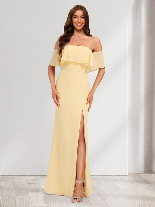 Chiffon Trumpet/Mermaid Off-the-Shoulder Floor-Length Bridesmaid Dress With Ruffles & Split Side