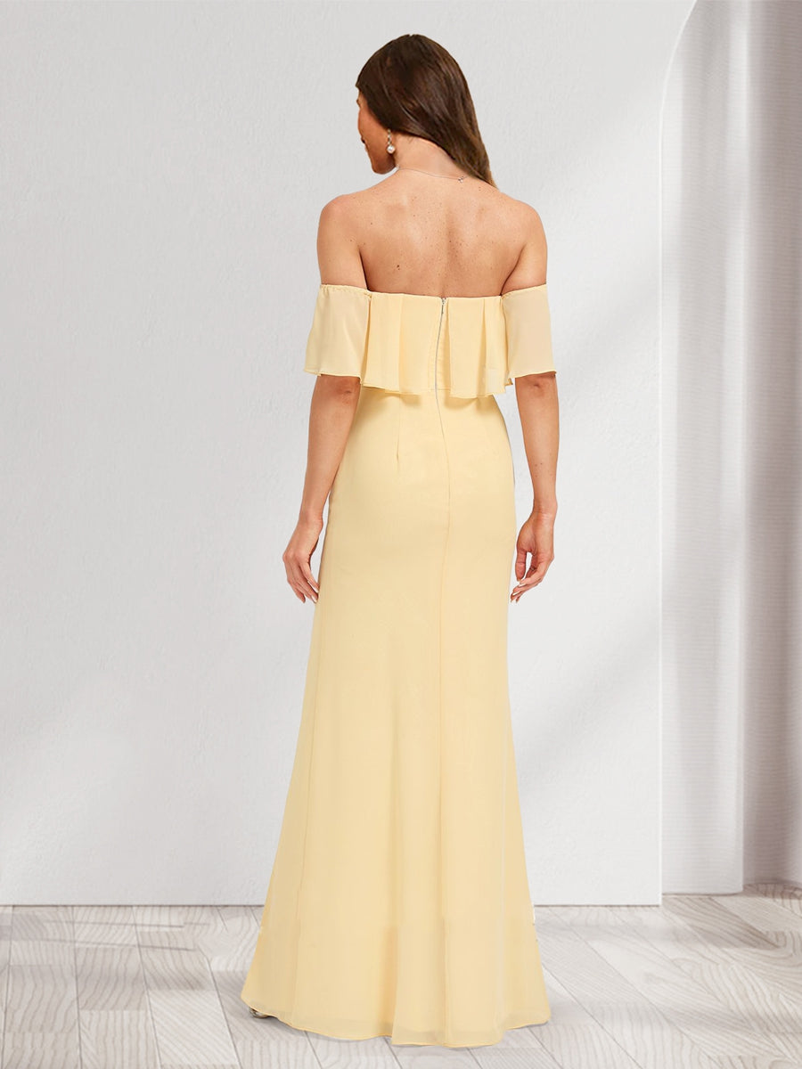 Chiffon Trumpet/Mermaid Off-the-Shoulder Floor-Length Bridesmaid Dress With Ruffles & Split Side