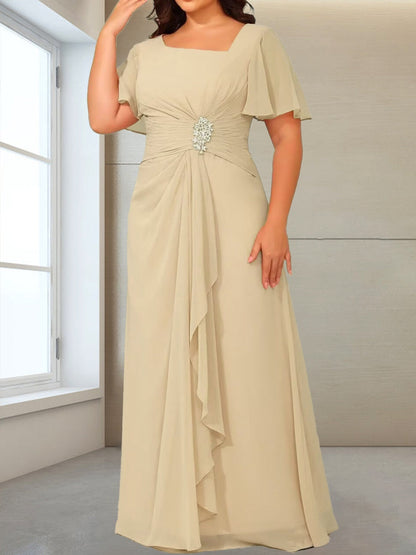 A-Line/Princess V-Neck Short Sleeves Plus Size Ruched Mother of the Bride Dresses with Ruffles