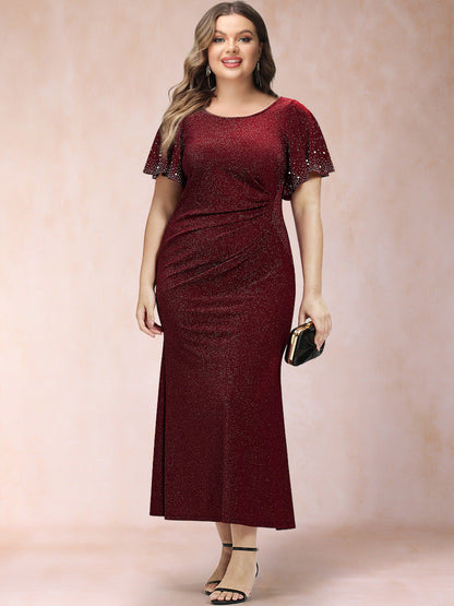 Trumpet/Mermaid Scoop Short Ruffles Sleeves Tea-Length Mother of the Bride Dresses with Sequins