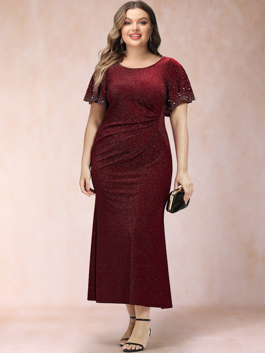 Trumpet/Mermaid Scoop Short Ruffles Sleeves Tea-Length Mother of the Bride Dresses with Sequins