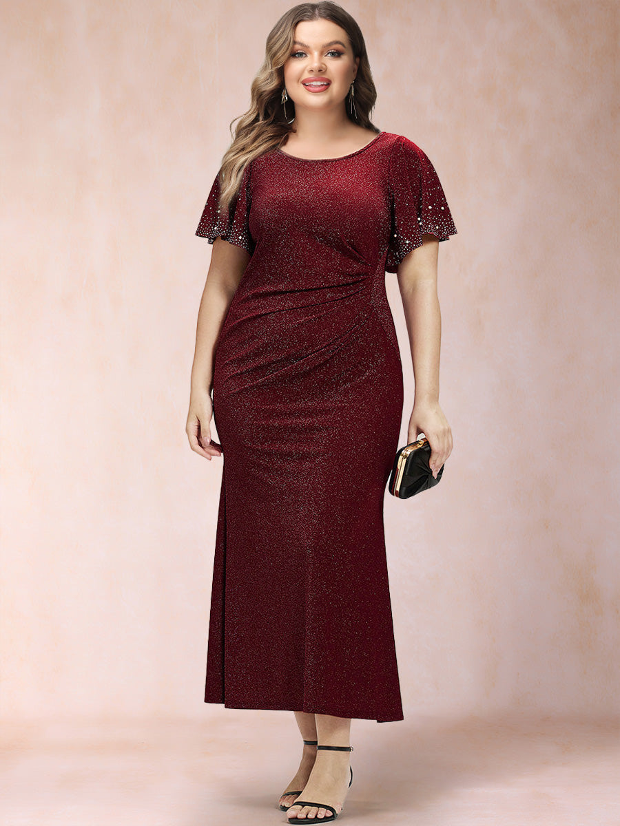 Trumpet/Mermaid Scoop Short Ruffles Sleeves Tea-Length Mother of the Bride Dresses with Sequins