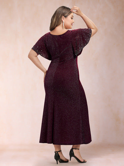 Trumpet/Mermaid Scoop Short Ruffles Sleeves Tea-Length Mother of the Bride Dresses with Sequins