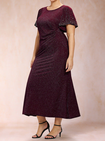 Trumpet/Mermaid Scoop Short Ruffles Sleeves Tea-Length Mother of the Bride Dresses with Sequins