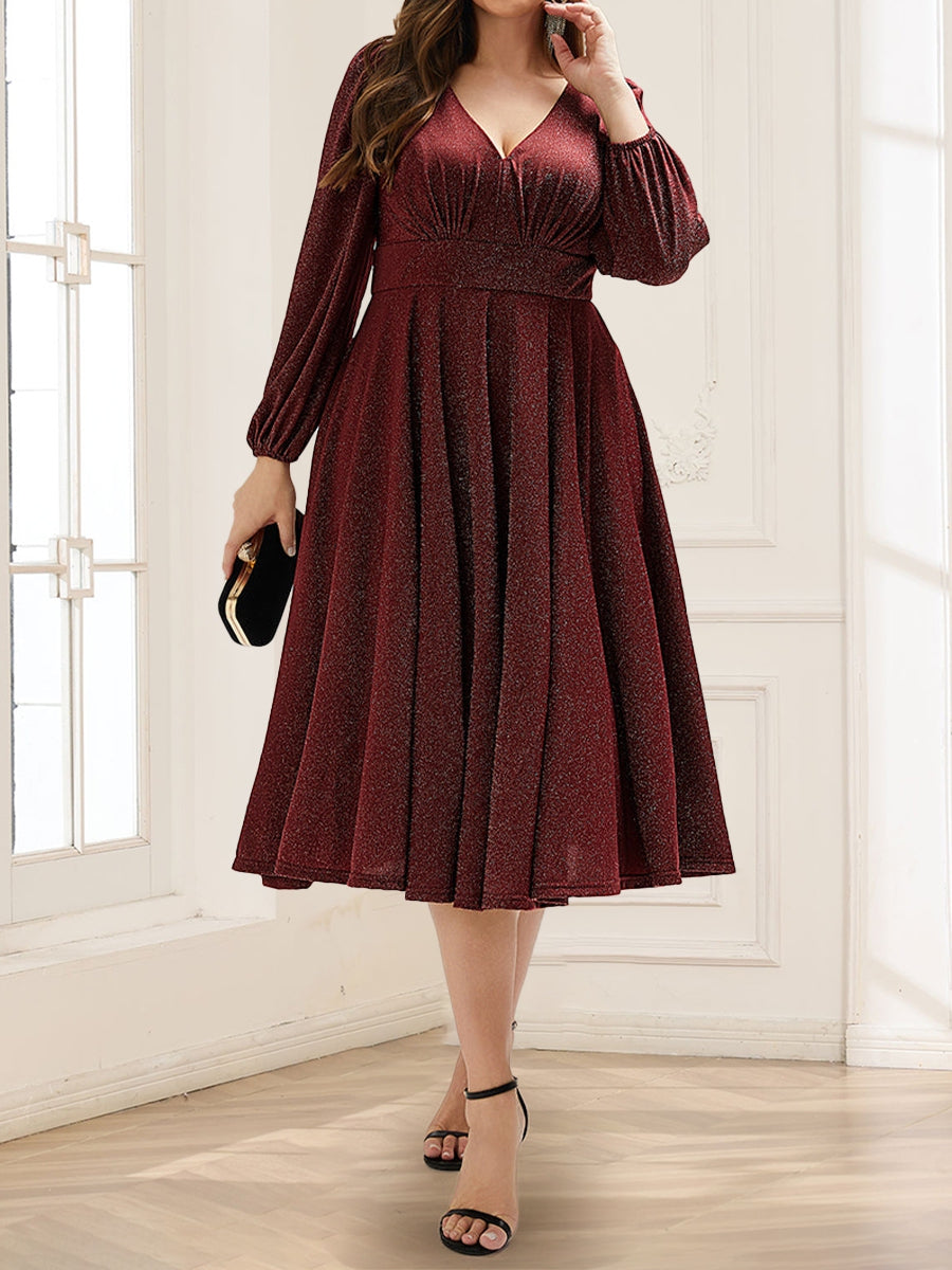 A-Line/Princess V-Neck Long Sleeves Tea-Length Mother of the Bride Dresses with Pocket