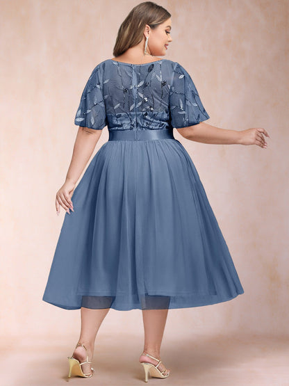 A-Line/Princess Scoop Short Ruffle Sleeves Tea-Length Mother of the Bride Dresses with Sequin Leaf