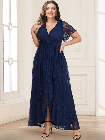 Lace A-Line/Princess Short Sleeves V-Neck Ruffled Plus Size Mother of the Bride Dresses With Split Side