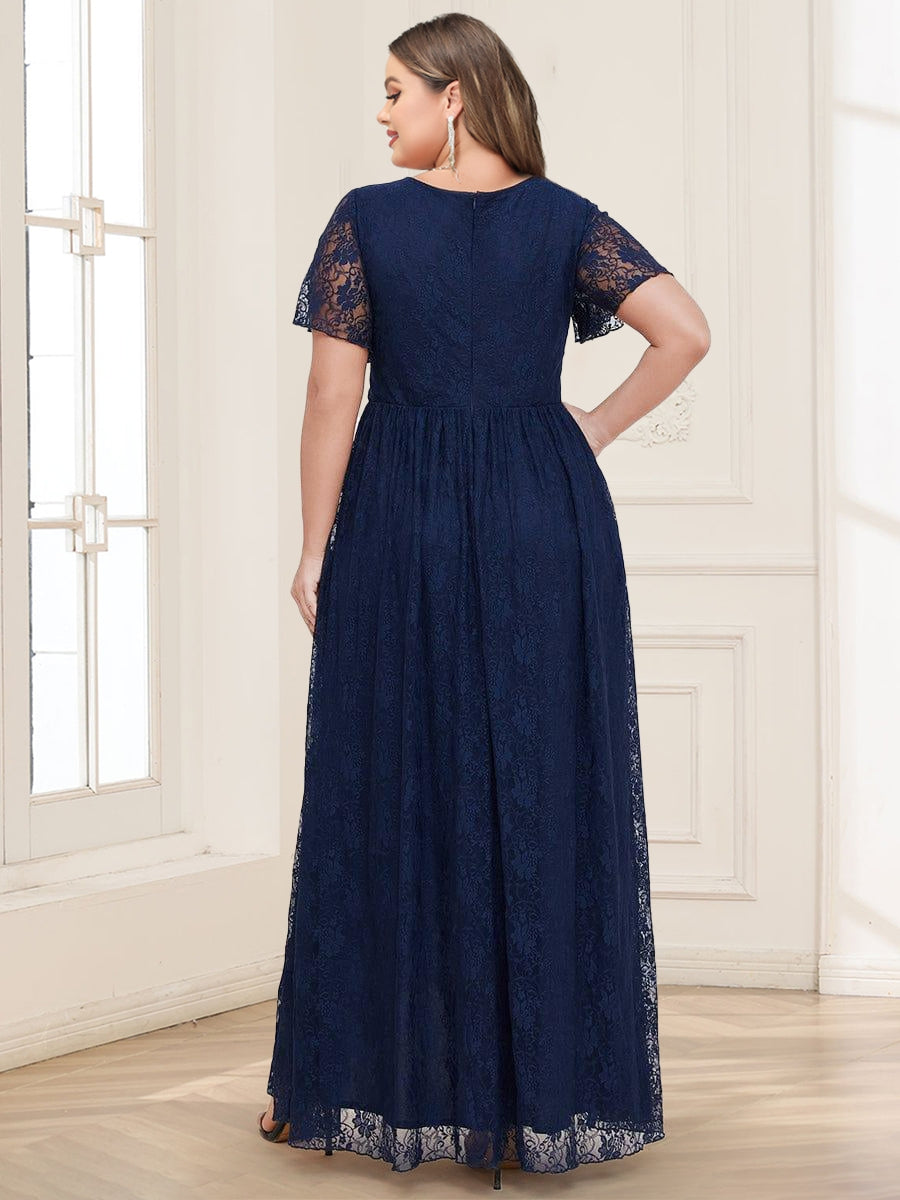Lace A-Line/Princess Short Sleeves V-Neck Ruffled Plus Size Mother of the Bride Dresses With Split Side