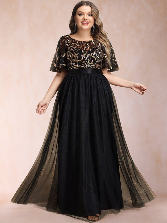 A-Line/Princess Scoop Short Sleeves Long Mother of the Bride Dresses with Sequin Leaf