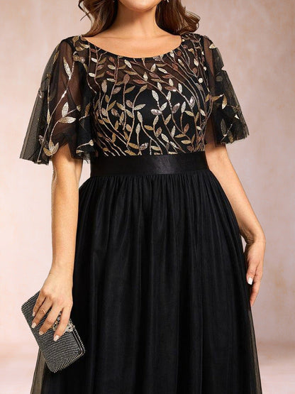 A-Line/Princess Scoop Short Sleeves Long Mother of the Bride Dresses with Sequin Leaf