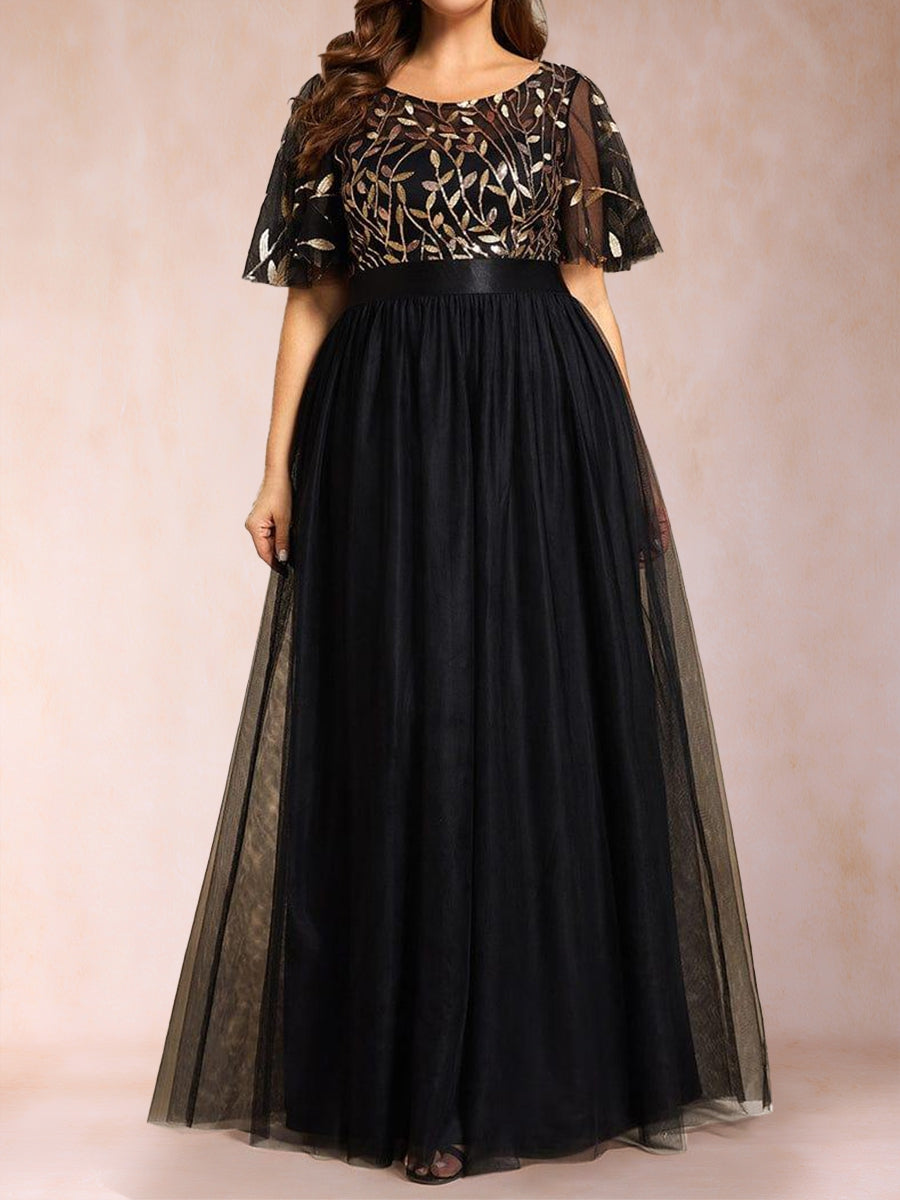 A-Line/Princess Scoop Short Sleeves Long Mother of the Bride Dresses with Sequin Leaf