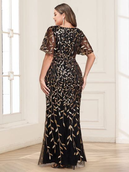 Trumpet/Mermaid V-Neck Short Sleeves Long Mother of the Bride Dresses with Sequin Leaves