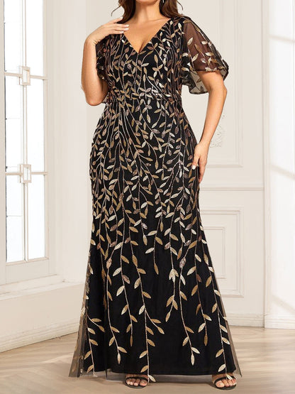 Trumpet/Mermaid V-Neck Short Sleeves Long Mother of the Bride Dresses with Sequin Leaves