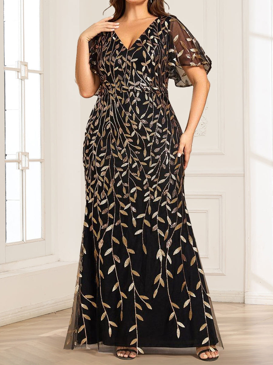 Trumpet/Mermaid V-Neck Short Sleeves Long Mother of the Bride Dresses with Sequin Leaves