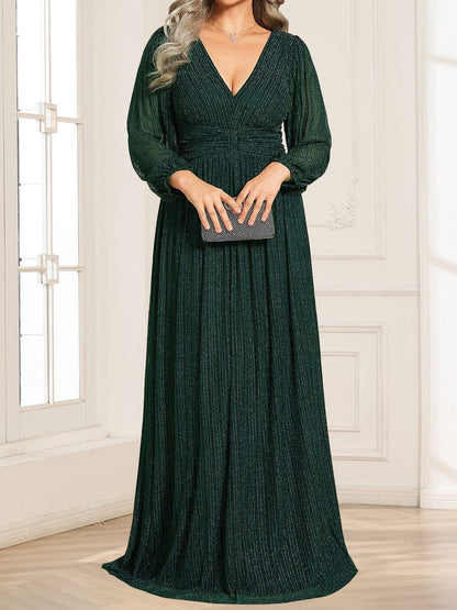 A-Line/Princess V-Neck Long Sleeves Ruched Plus Size Mother of the Bride Dresses