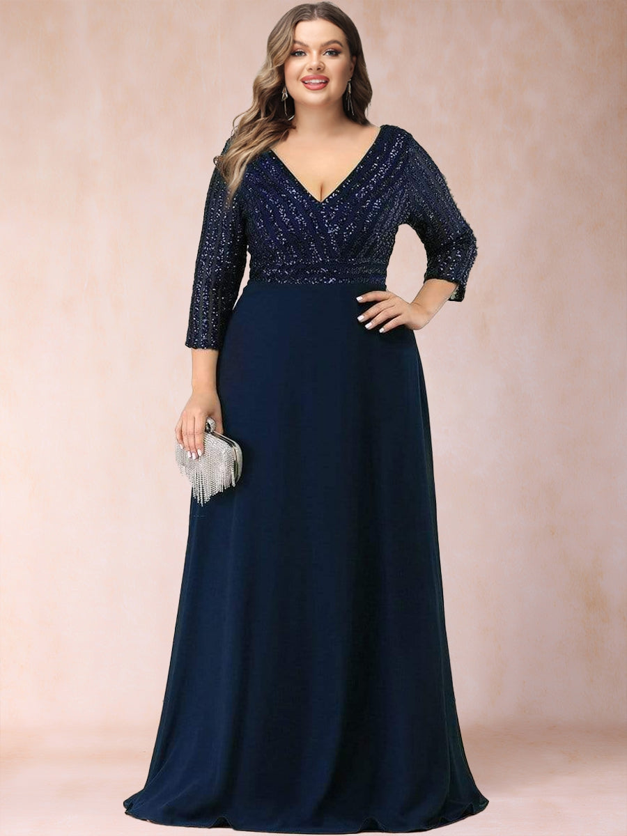 A-Line/Princess V-Neck 3/4 sleeves Long Plus Size Mother of the Bride Dresses With Sequins