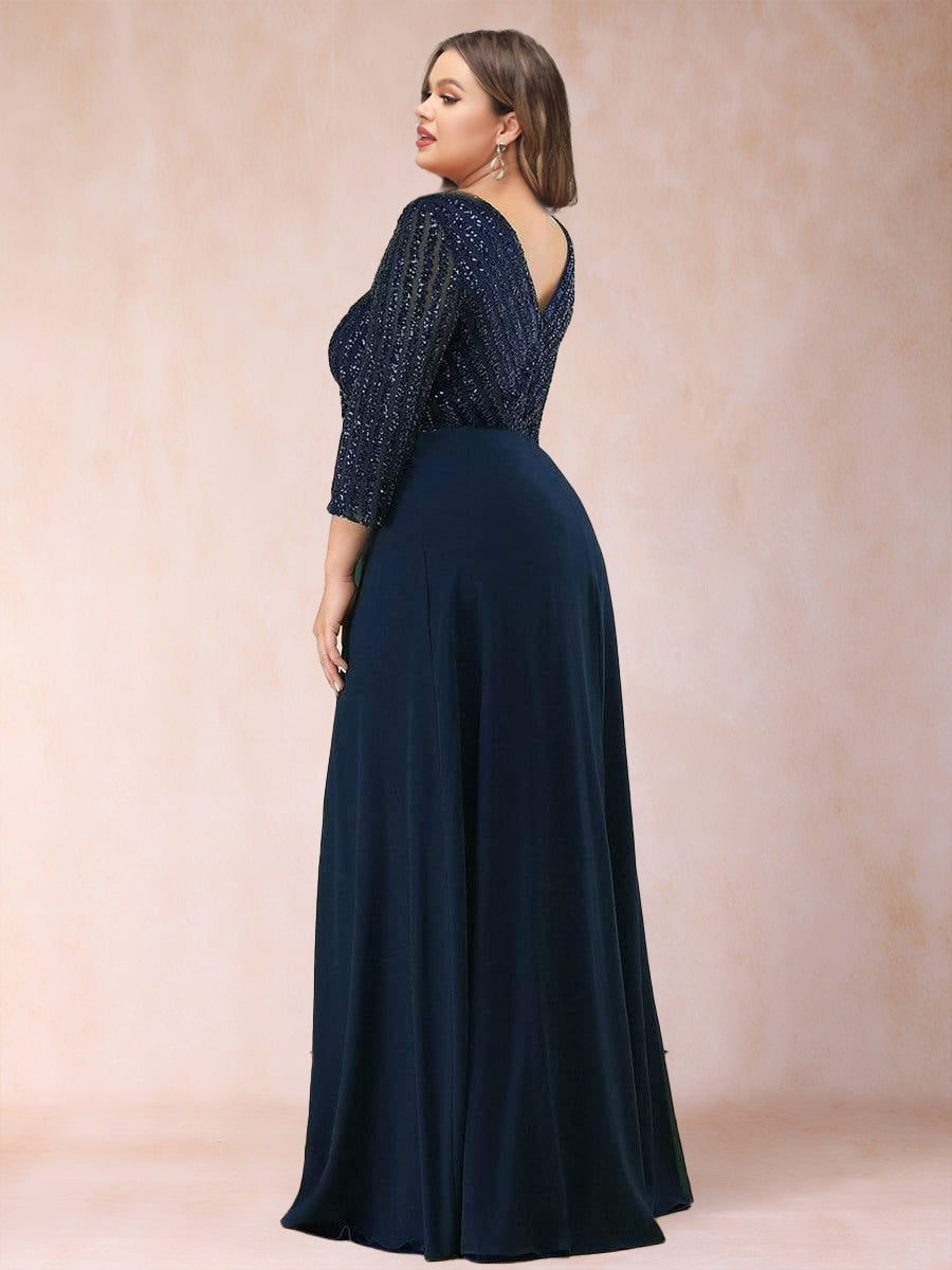 A-Line/Princess V-Neck 3/4 sleeves Long Plus Size Mother of the Bride Dresses With Sequins