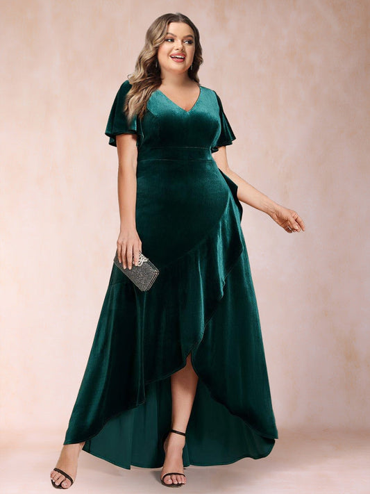 A-Line/Princess V-Neck Short Sleeves Velvet Plus Size Mother Of the Bride Dresses With Split Side