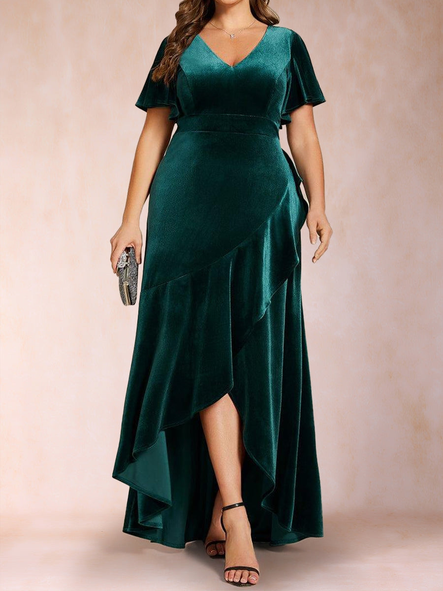 A-Line/Princess V-Neck Short Sleeves Velvet Plus Size Mother Of the Bride Dresses With Split Side
