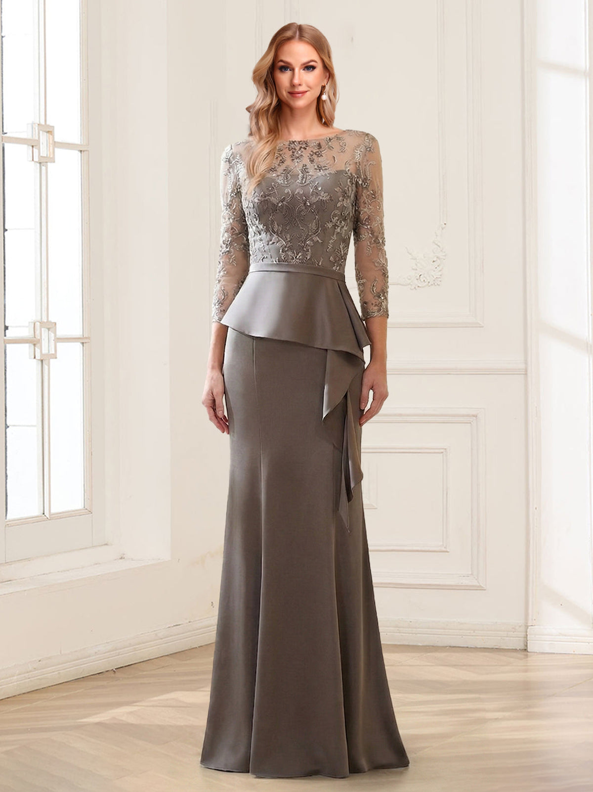 Trumpet/Mermaid Illusion Scoop 3/4 Sleeves Floor Length Mother of the Bride Dresses with Sash & Beading Appliques