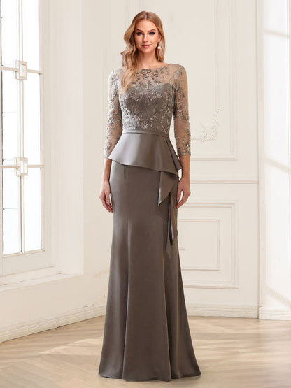 Trumpet/Mermaid Illusion Scoop 3/4 Sleeves Floor Length Mother of the Bride Dresses with Sash & Beading Appliques