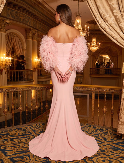 Trumpet/Mermaid Strapless Long Sleeves train/brush train Evening Dresses with Feather