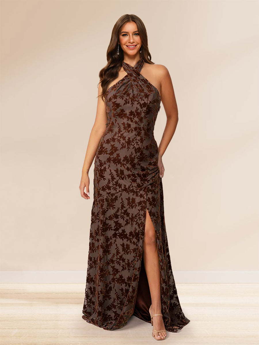 Sheath/Column Halter Sleeveless Floor-Length Floral Bridesmaid Dresses with Split Side