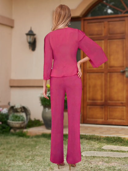 Chiffon Crew Neck 3/4 Sleeves Mother of the Bride Pantsuits with Jacket