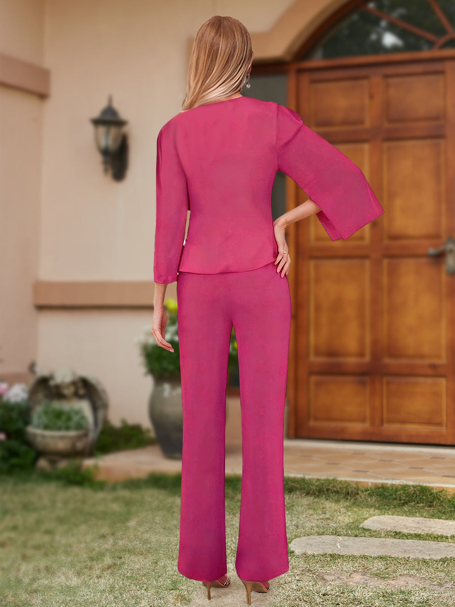 Chiffon Crew Neck 3/4 Sleeves Mother of the Bride Pantsuits with Jacket