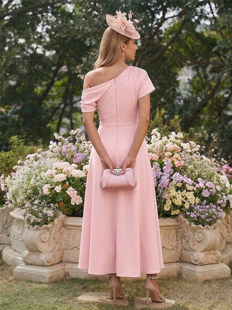 A-Line/Princess One-Shoulder Short Sleeves Mother Of The Bride Dresses with Beading