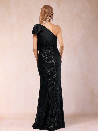 Sequins Sheath/Column One-Shoulder Sleeveless Mother of the Bride Dresses With Bow
