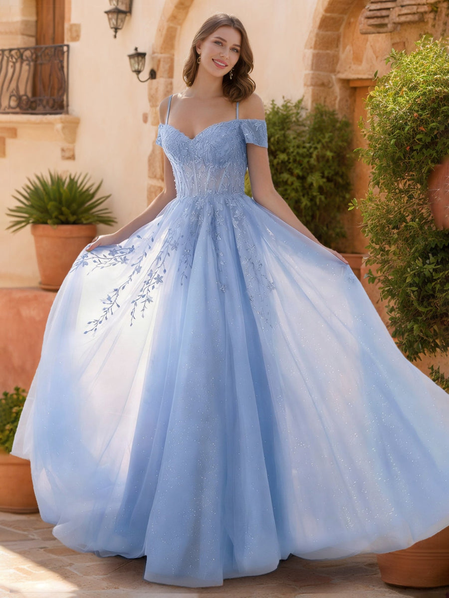 Ball Gown Cold Shoulder Short Sleeves Formal Dresses With Appliques