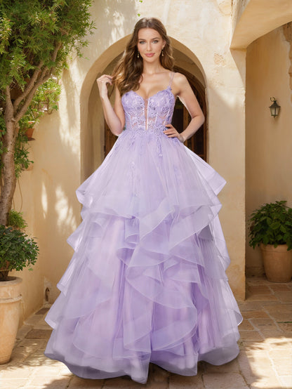 Ball Gown V-Neck Sleeveless Floor-Length Tiered Formal Dresses With Appliques