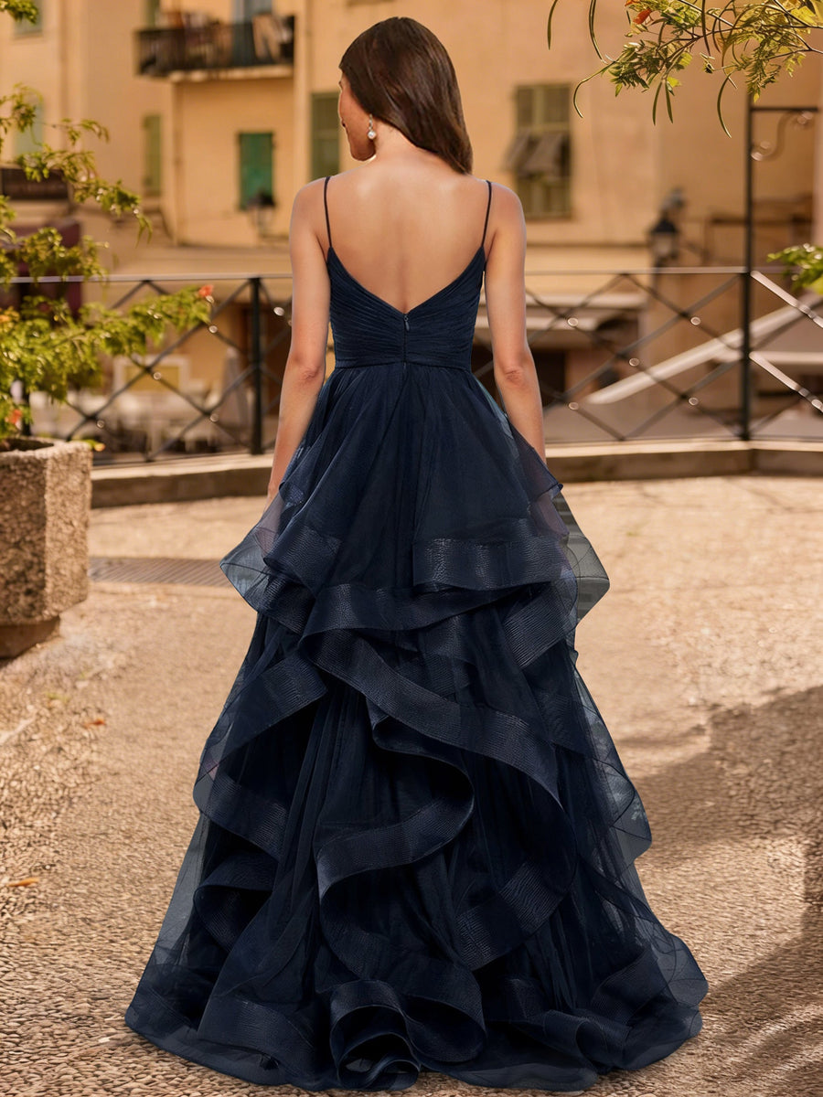 A-Line/Princess V-Neck Sleeveless Formal Dresses With High Split & Ruffles