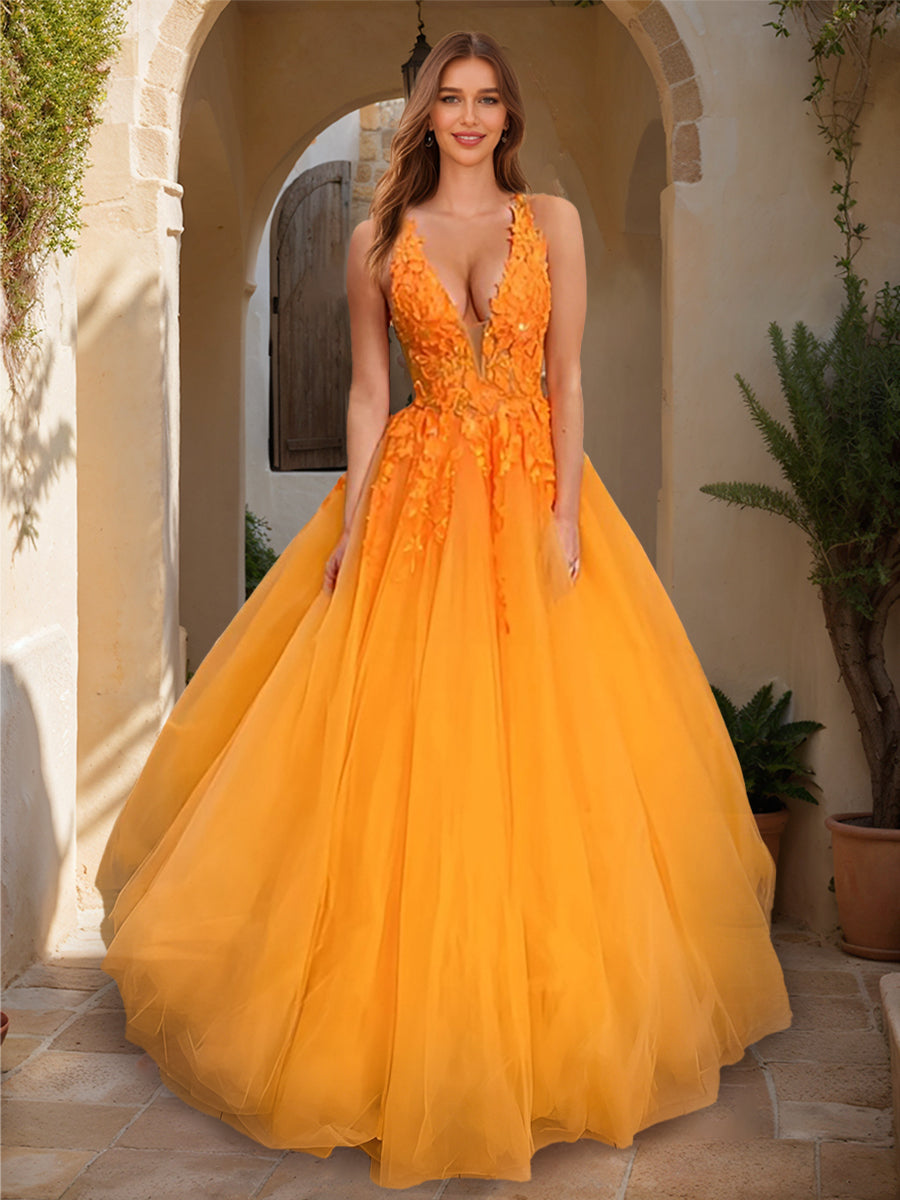 Ball Gown V-Neck Sleeveless Floor-Length Formal Dresses With Lace Appliques