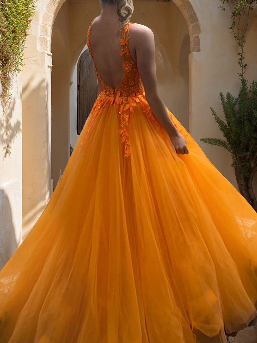 Ball Gown V-Neck Sleeveless Floor-Length Formal Dresses With Lace Appliques