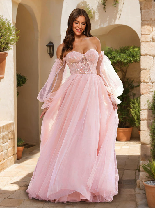 A-Line/Princess Off-The-Shoulder Floor-Length Formal Dresses With Appliques
