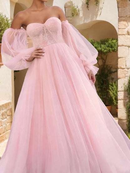 A-Line/Princess Off-The-Shoulder Floor-Length Formal Dresses With Appliques