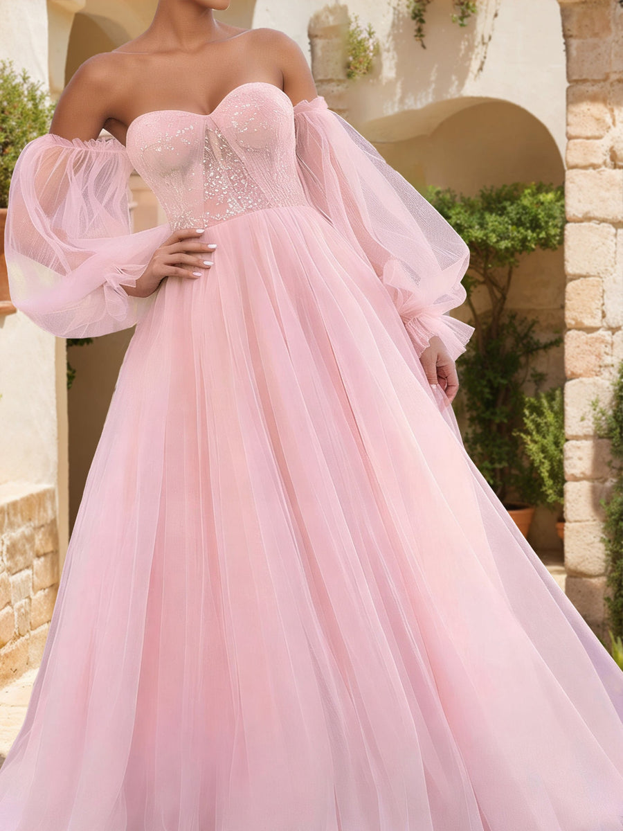 A-Line/Princess Off-The-Shoulder Floor-Length Formal Dresses With Appliques