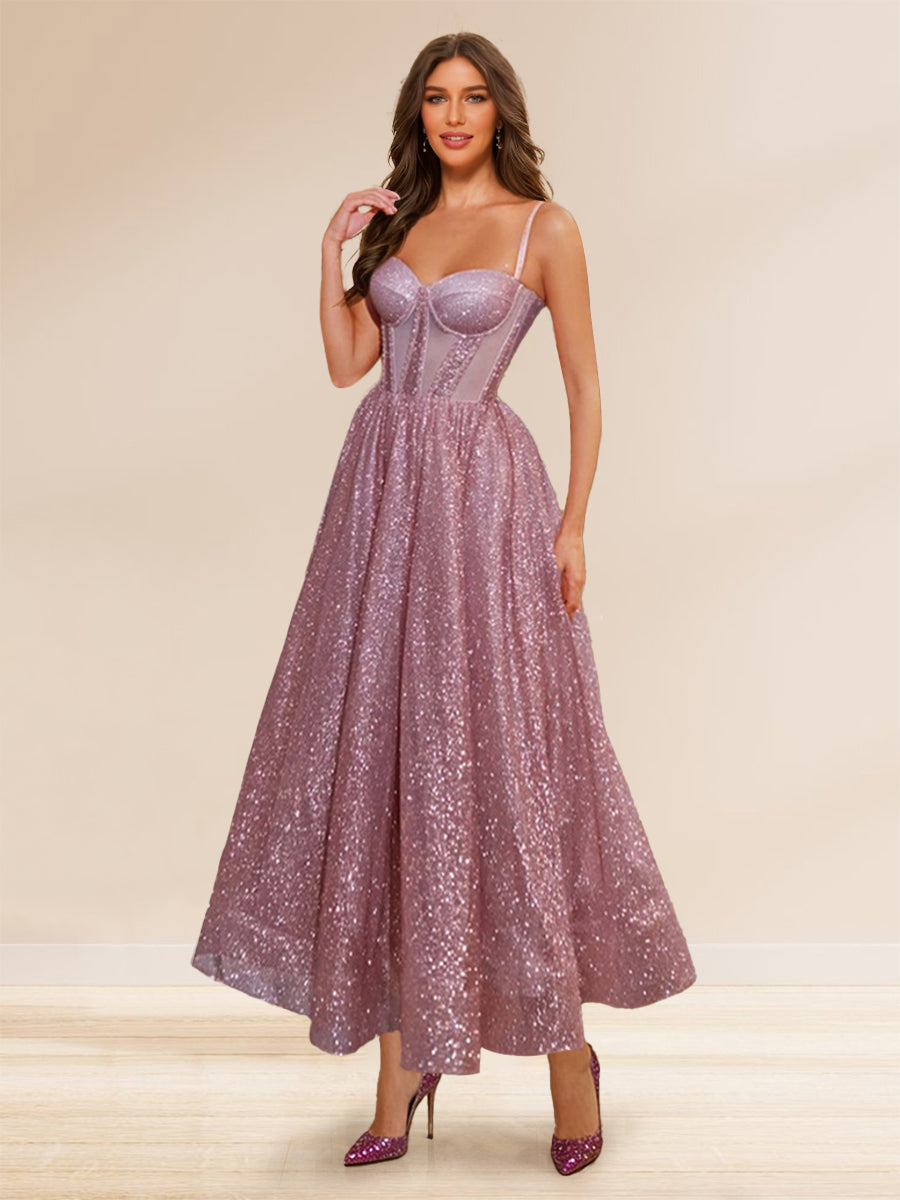 Sequin A-Line Spaghetti Straps Formal Dresses with Beadings