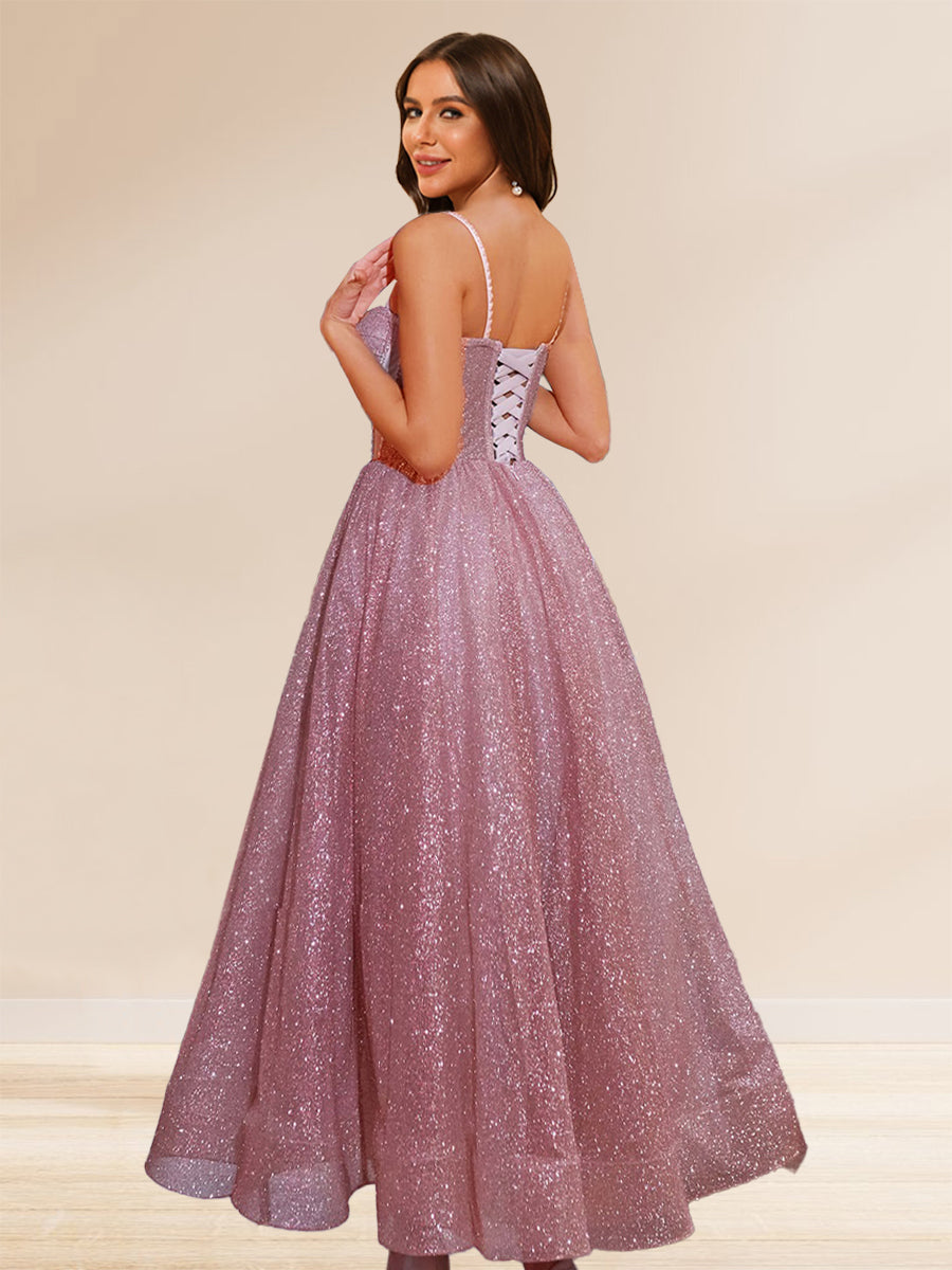 Sequin A-Line Spaghetti Straps Formal Dresses with Beadings
