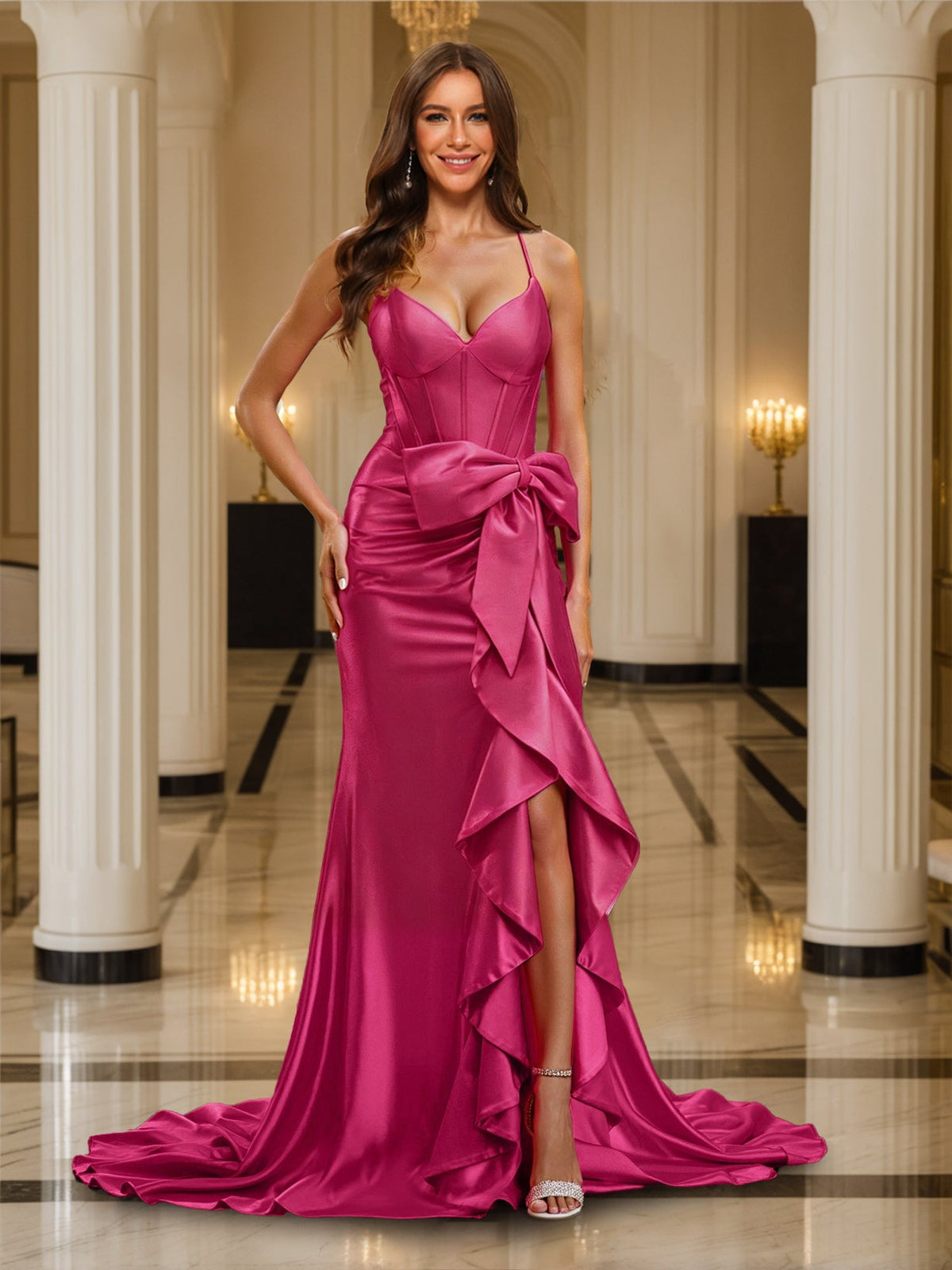 Trumpet/Mermaid Spaghetti Straps Sleeveless Sweep Train Formal Dresses With Beadings & Cascading Ruffles