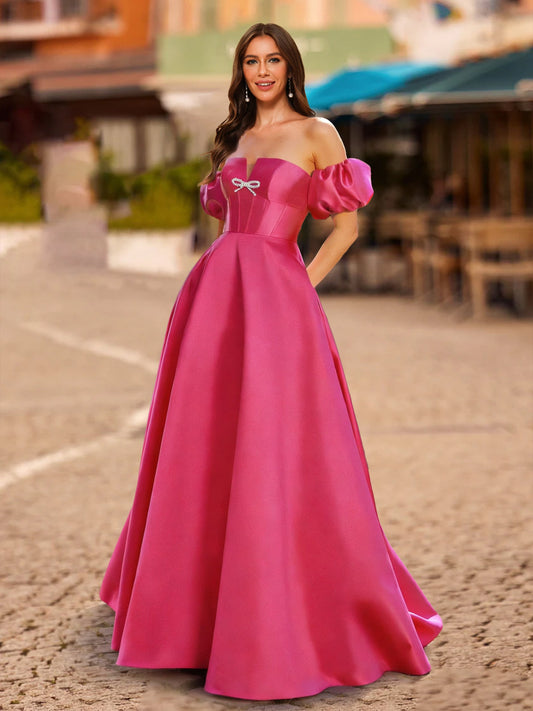 A-Line/Princess Off-the-Shoulder Floor-Length Formal Dresses With Bow(s)