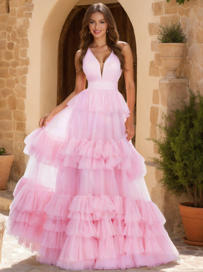 A-Line/Princess V-Neck Tiered Floor-Length Formal Dresses With Ruffles
