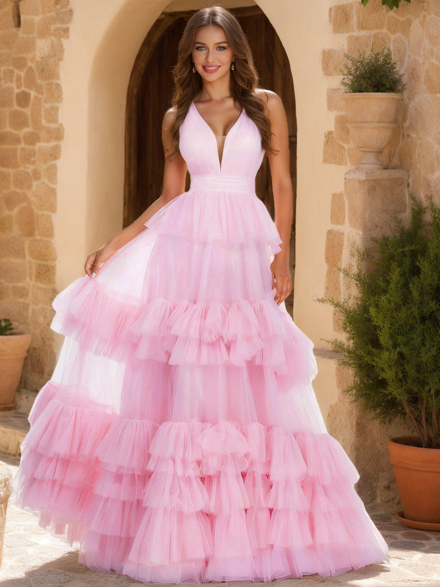 A-Line/Princess V-Neck Tiered Floor-Length Formal Dresses With Ruffles