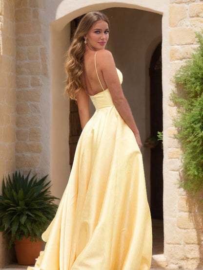 Satin A-Line/Princess V-Neck Sweep Train Formal Dresses With Pockets