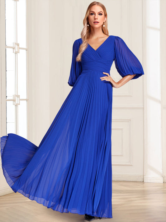 Chiffon A-Line/Princess V-Neck Half Sleeves Mother of the Bride Dresses with Pleats