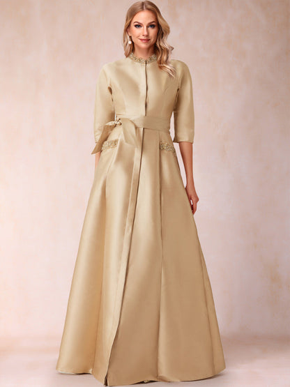 A-Line/Princess Bead Collar Half Sleeves Mother of the Bride Dresses With Belt