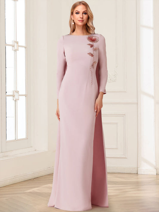 Sheath/Column Crew Neck Long Sleeves Mother of the Bride Dresses With Beadings