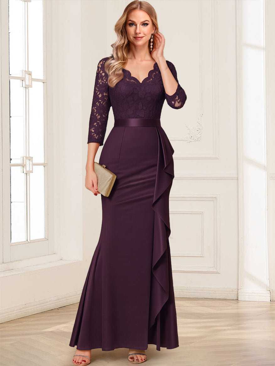Sheath/Column V-Neck 3/4 Sleeves Mother of the Bride Dresses With Lace & Ruffles